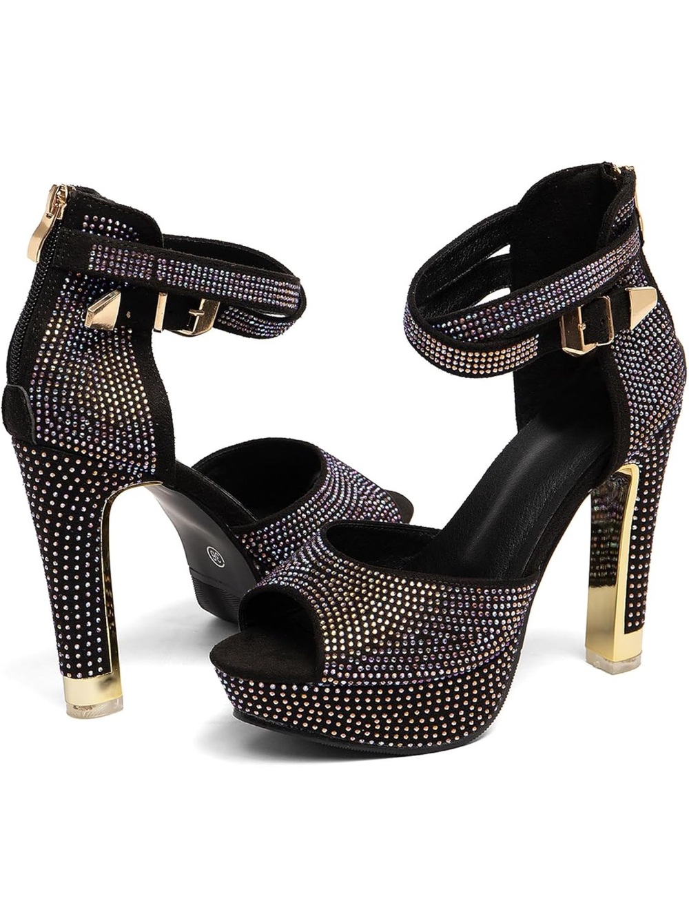 Black Rhinestone Platform Ankle-Strap Heels💎